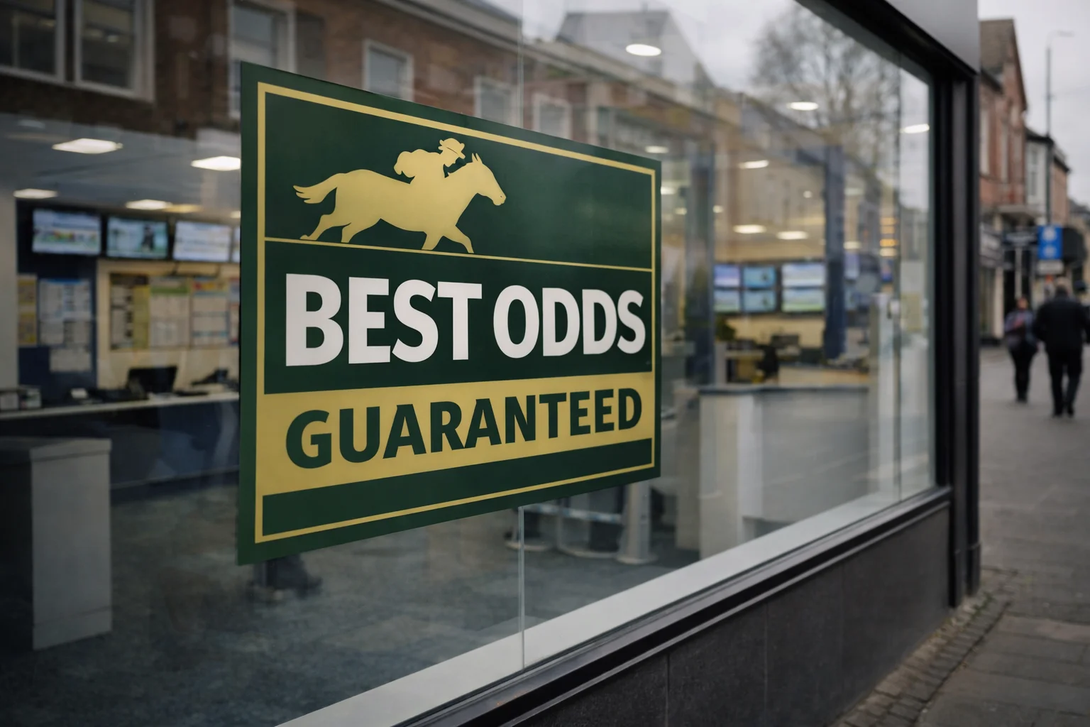 Best Odds Guaranteed promotion sign at UK bookmaker shop