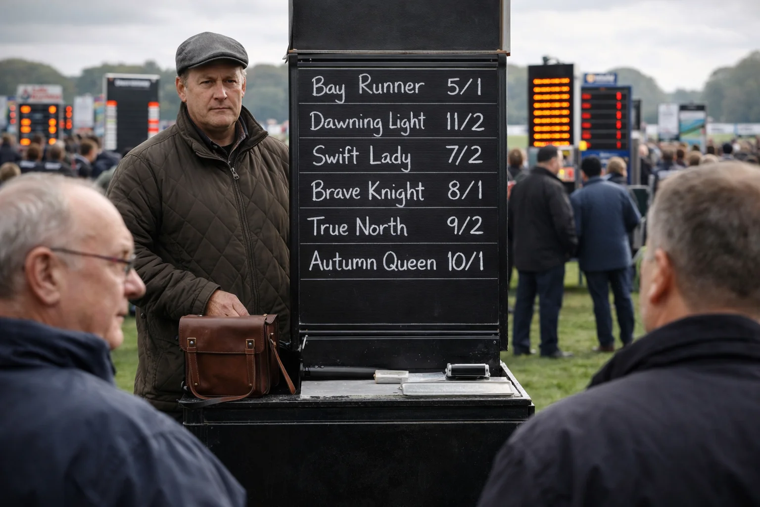 Bookmaker displaying odds on a board at a UK racecourse