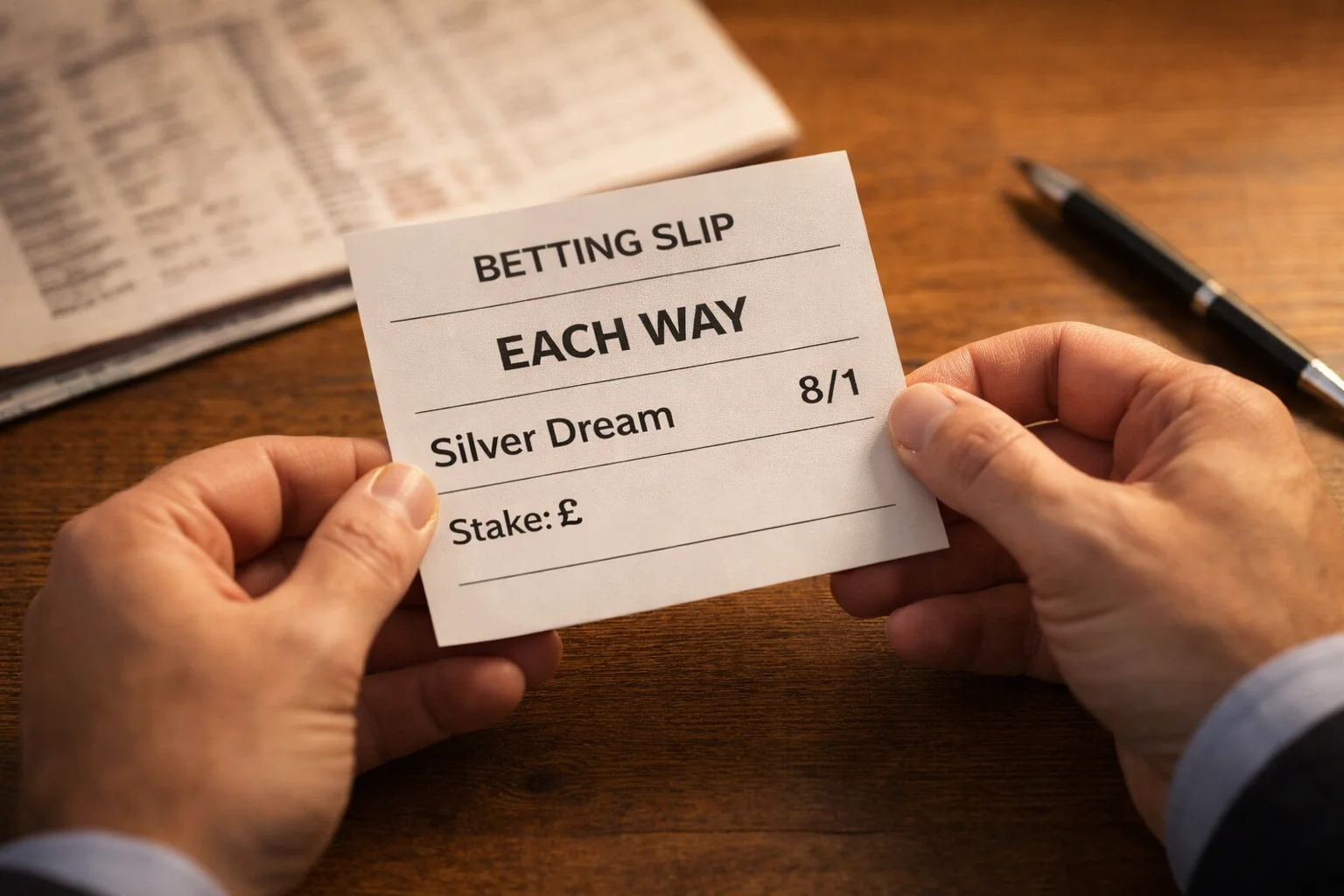 Betting slip showing each-way bet calculation for horse racing