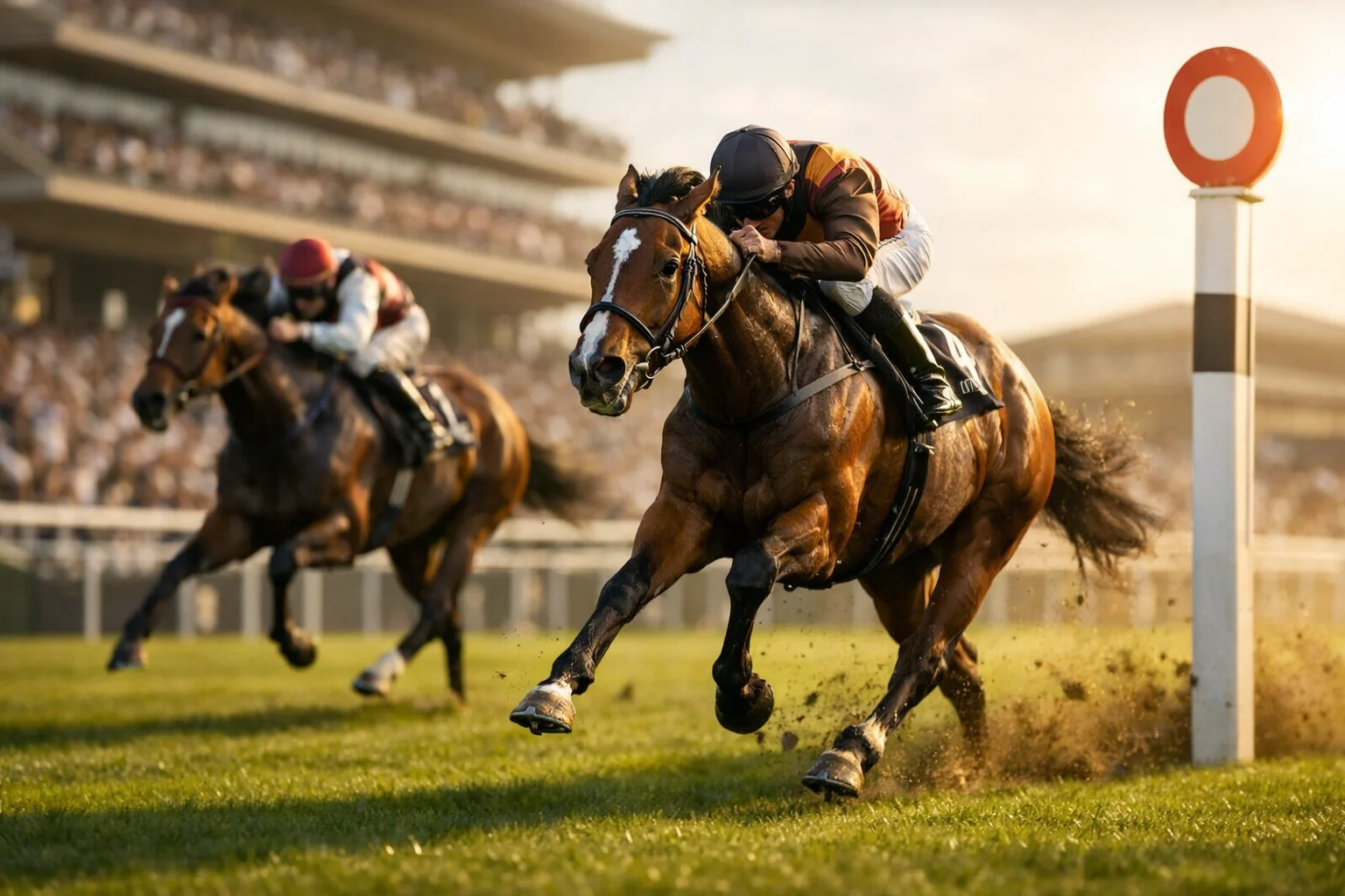 Horse racing at British racecourse with spectators watching the finish line