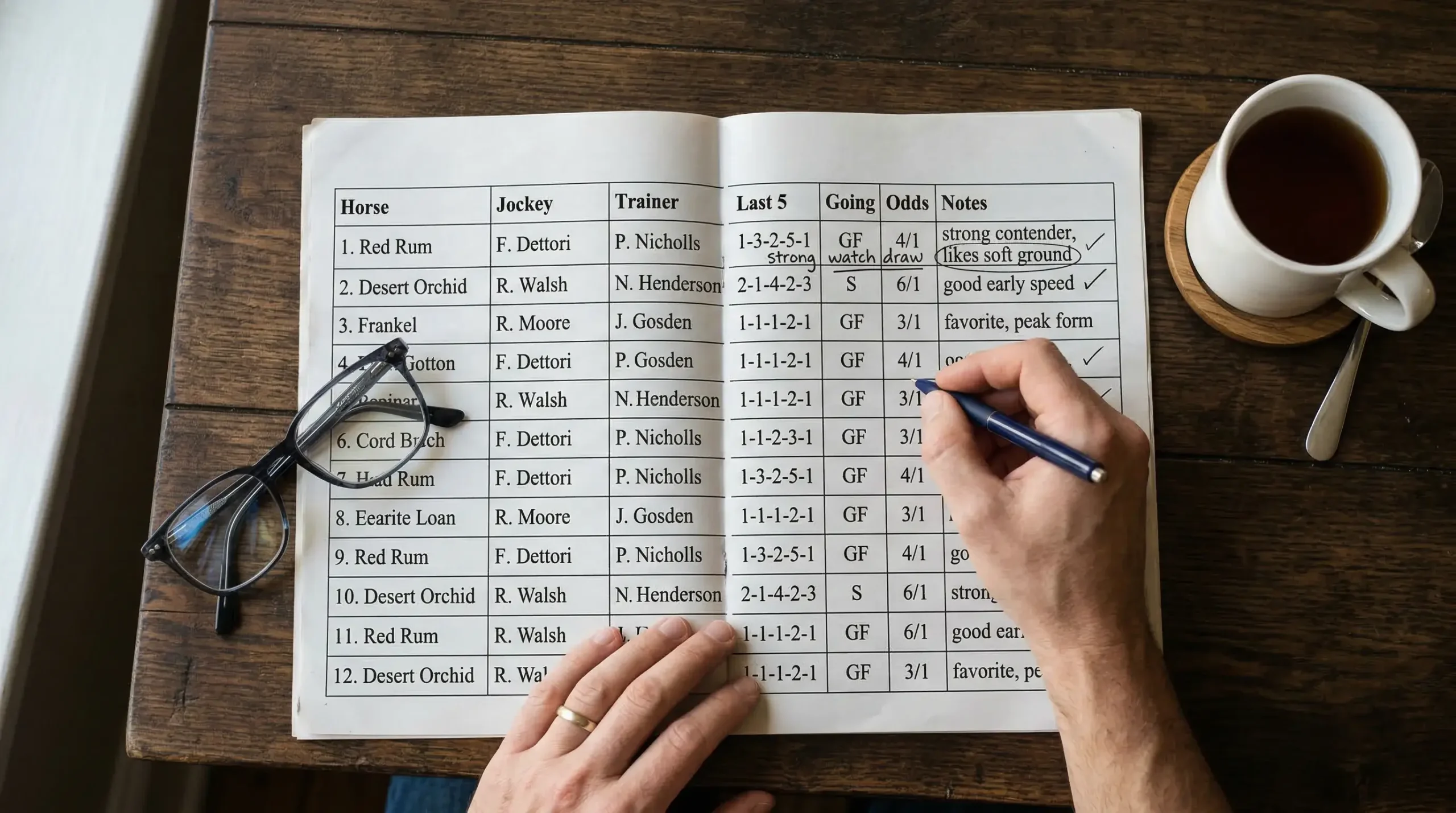 Racing form guide with pen for analysing horse racing selections