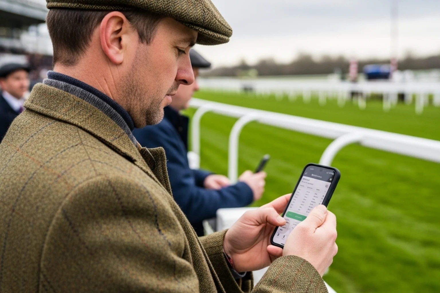 Punter checking horse racing starting prices on mobile phone