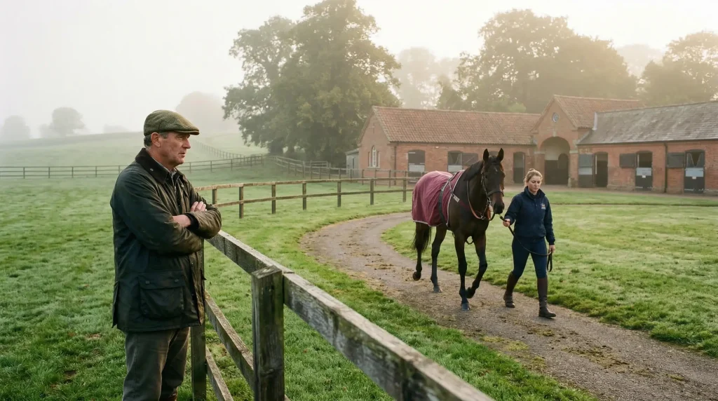 Trainer watching a thoroughbred horse in the paddock months before a major UK race