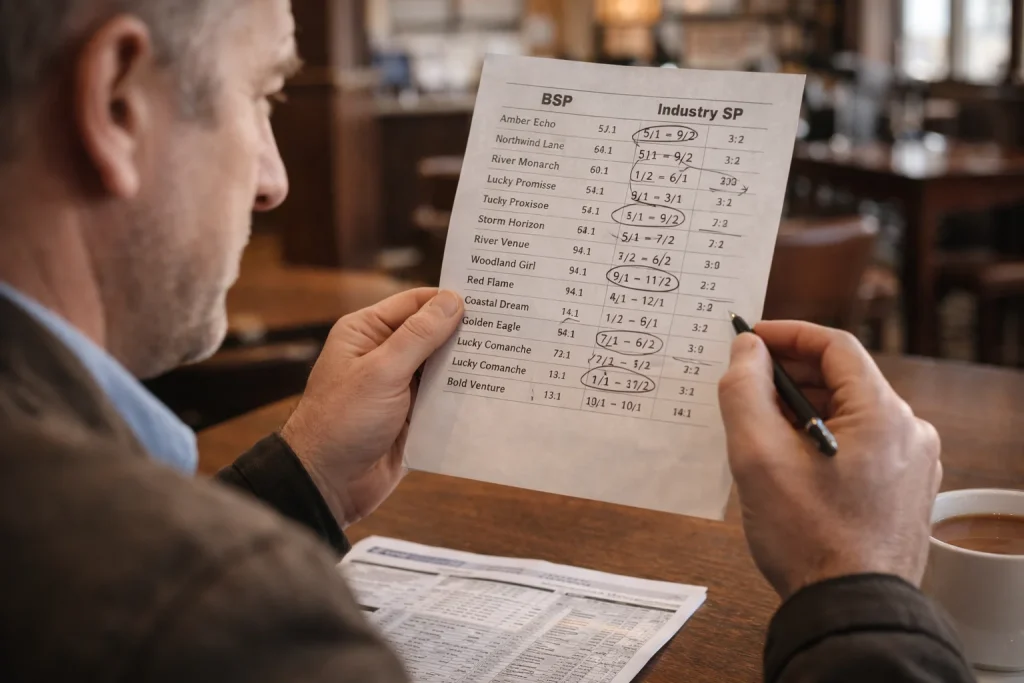 Punter comparing printed BSP and Industry SP figures from a racing results sheet at a UK racecourse