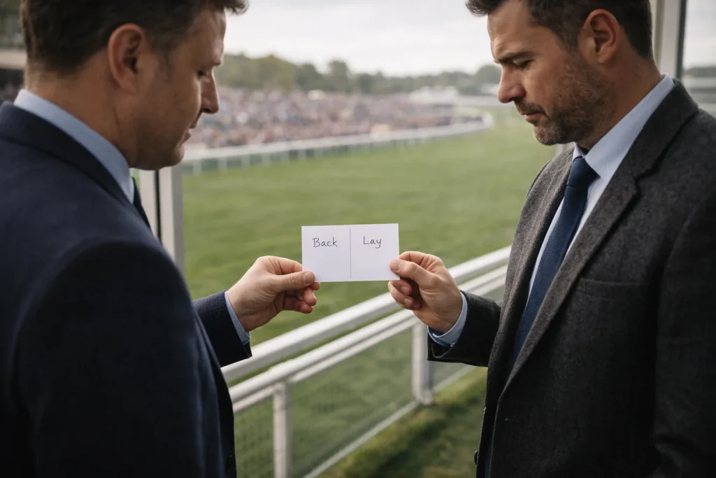Two punters at a UK racecourse exchanging a betting slip, one backing and one laying a horse