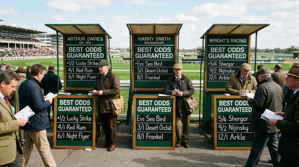 Row of on-course bookmaker boards displaying Best Odds Guaranteed signs at a UK racecourse
