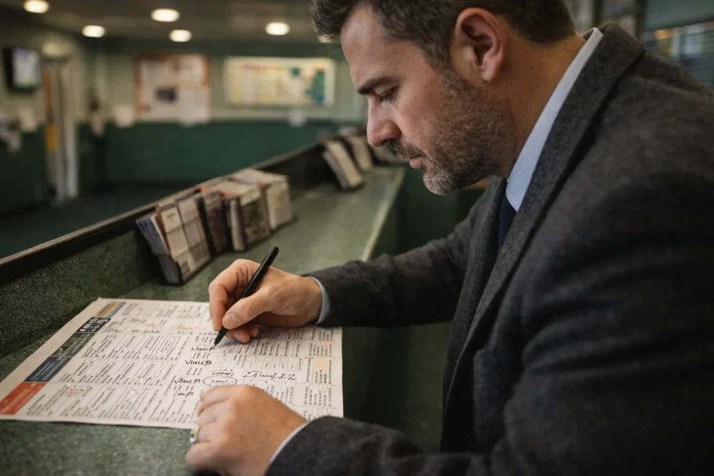 Experienced punter studying a printed race card with odds annotations at a British betting shop
