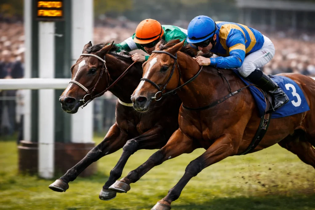 Photo finish of two racehorses crossing the line simultaneously at a British racecourse