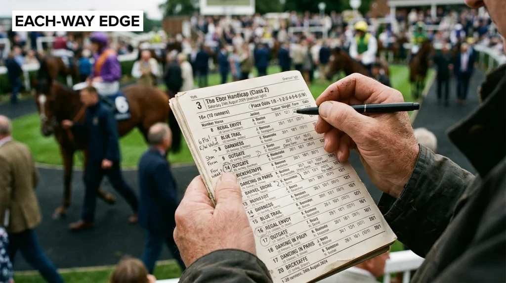 Horse racing punter comparing each-way place odds on a race card at a large-field UK handicap