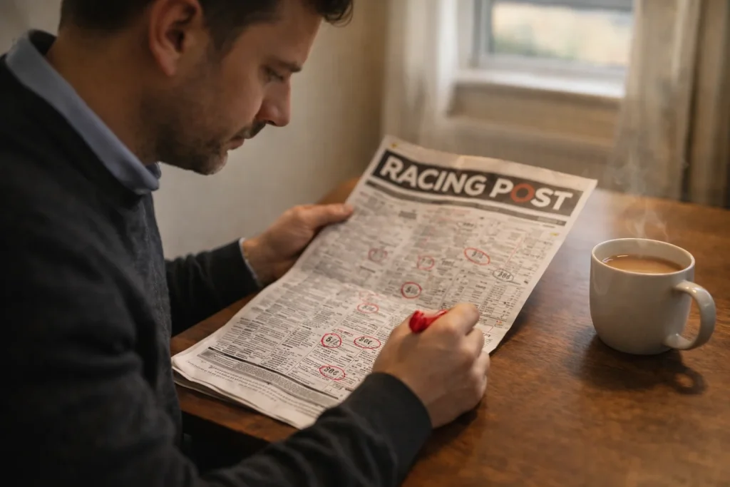 Punter reading a morning Racing Post over breakfast with early price odds circled on the race card