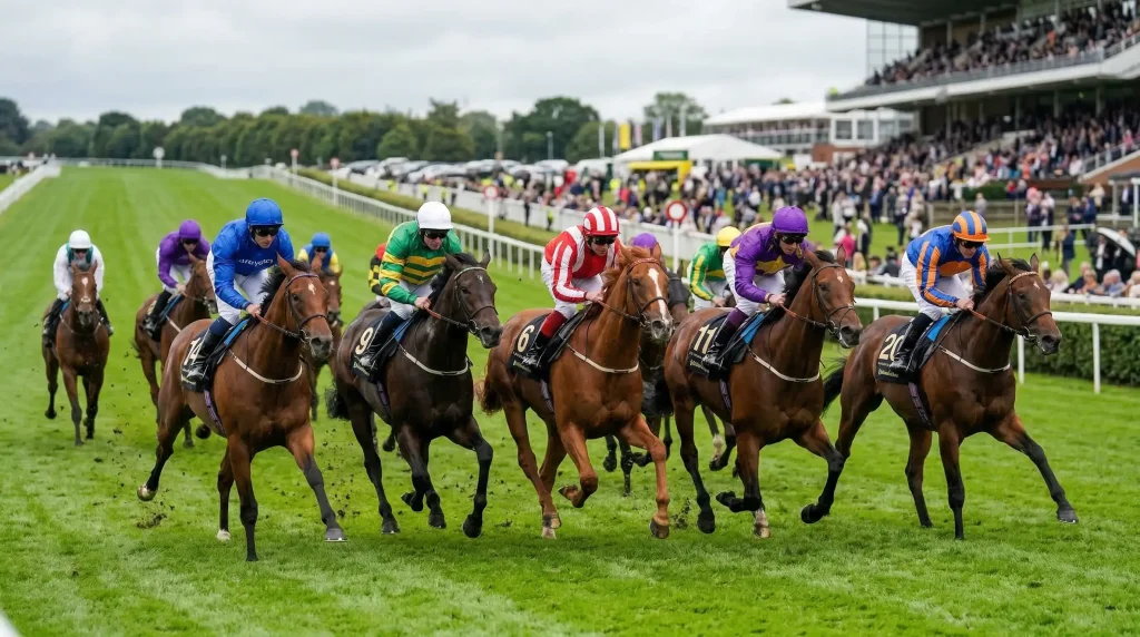 Group of horses finishing a large-field UK handicap race with five runners in the frame