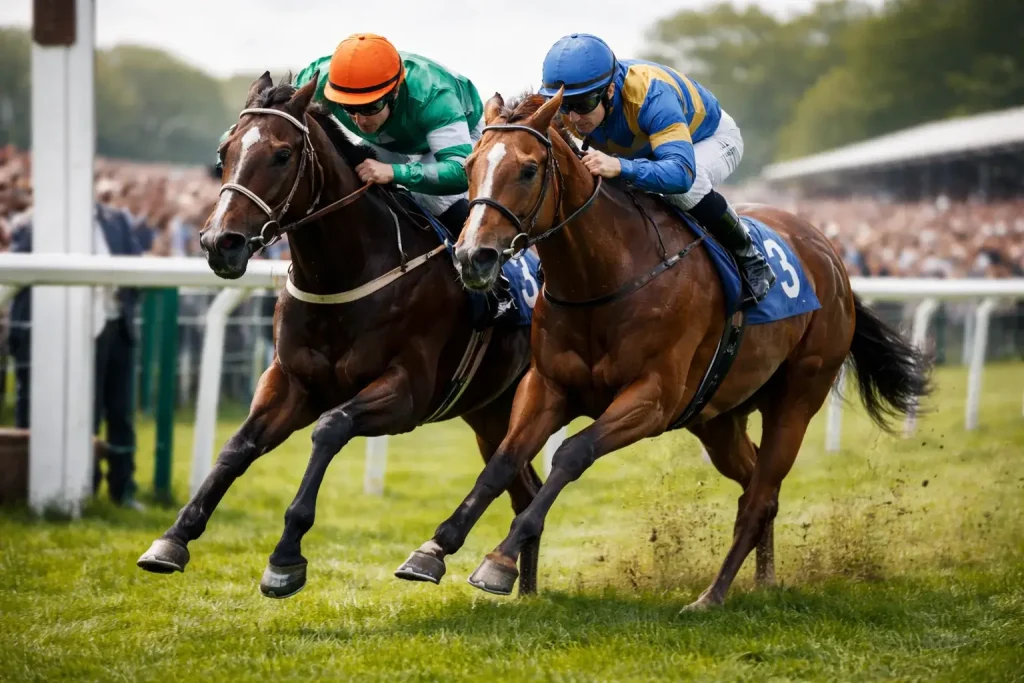 Two thoroughbred horses crossing the finish line neck and neck at a UK racecourse