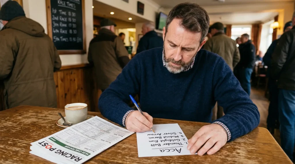 Punter reviewing multiple horse racing selections on a paper betting slip at a UK racecourse