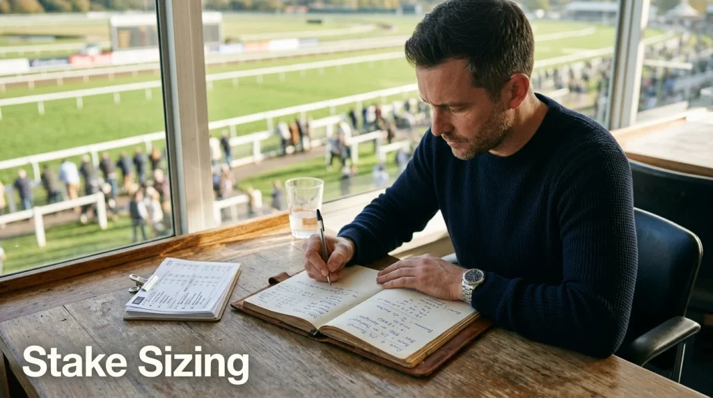 Disciplined bettor reviewing stake sizing notes in a notebook at a racing venue