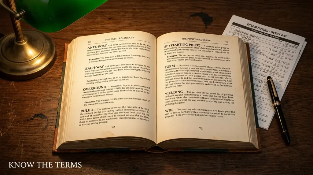 Open hardback reference book on a wooden desk with racing terminology visible on the pages, warm reading lamp light