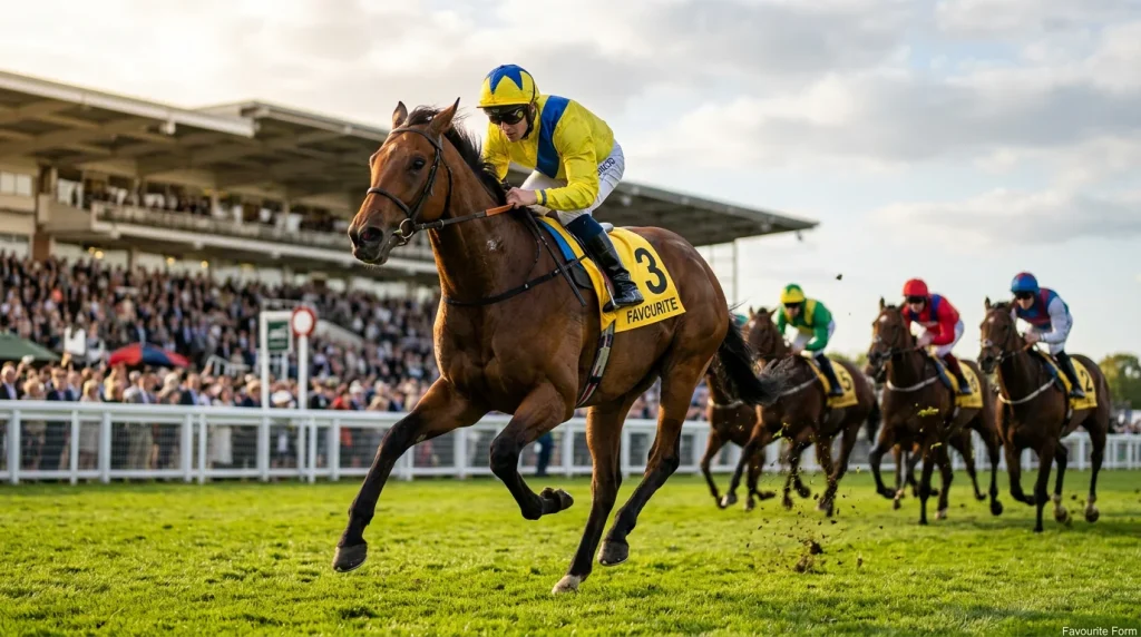 Odds-on favourite thoroughbred horse leading the field on a British flat racecourse