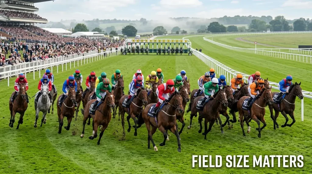 Large field of thoroughbred racehorses breaking from the starting stalls on a British turf flat course