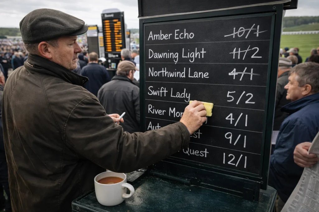 On-course bookmaker changing odds on a chalk board at a busy UK racecourse betting ring