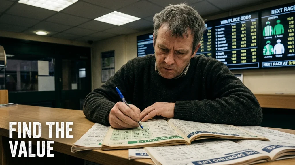 Punter studying racing form and odds in a UK betting shop, searching for value