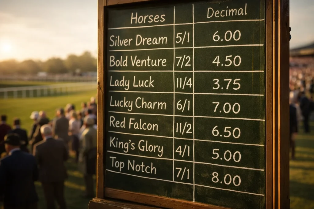 Horse racing odds board showing fractional and decimal formats at a UK racecourse