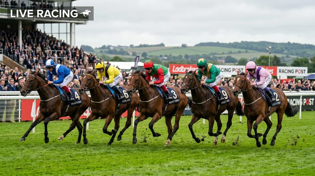 Racehorses mid-race on a British turf course with jockeys in vivid silks, captured at full gallop