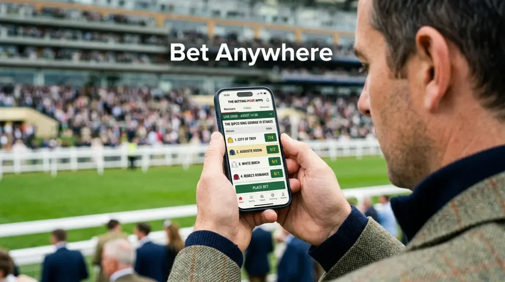 Racegoer holding a smartphone displaying live horse racing odds at a UK racecourse