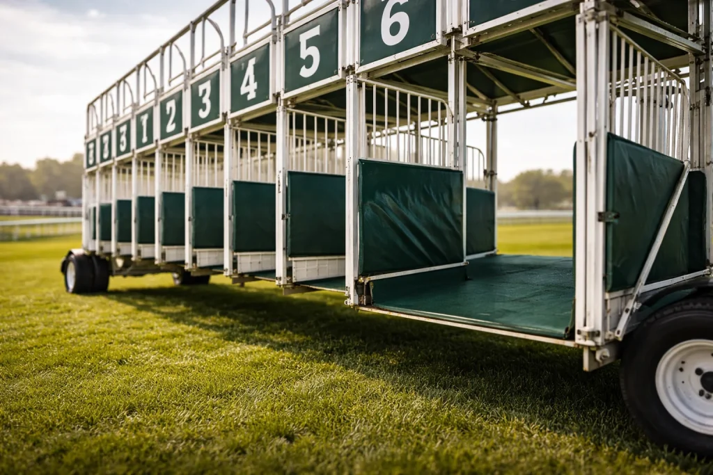 Empty numbered stall gate at a UK flat racecourse symbolising a horse withdrawn before the race