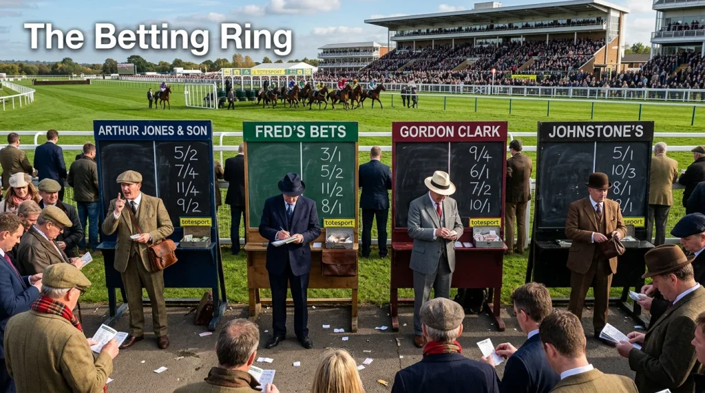 Row of on-course bookmakers with chalkboards displaying fractional odds in the betting ring at a British racecourse