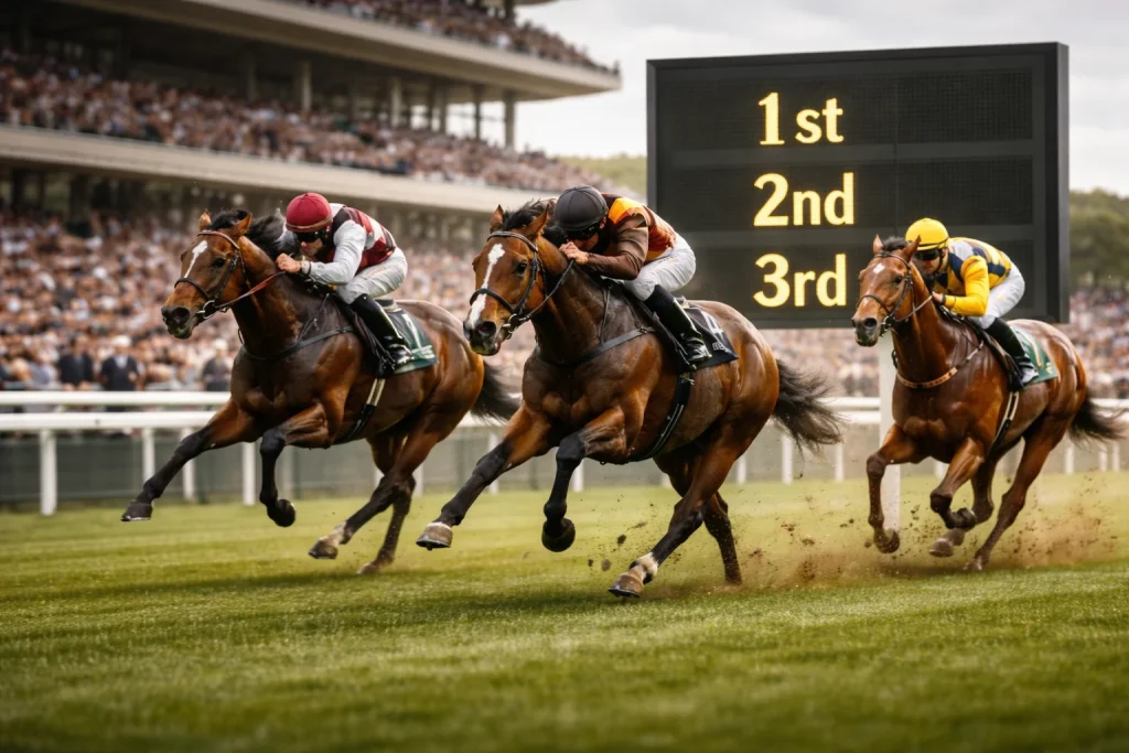 Horses finishing a UK flat race with three places shown on the results board
