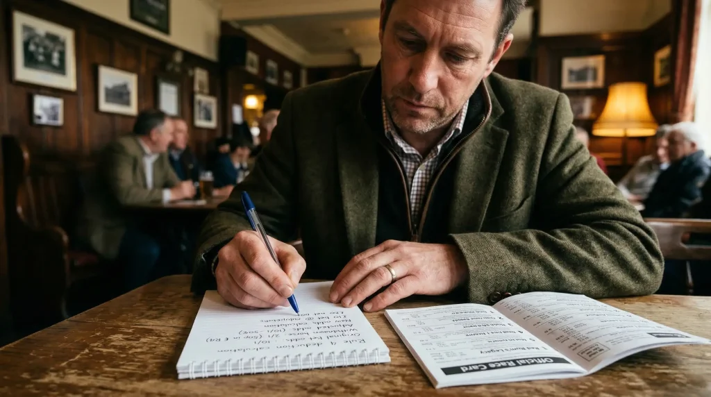 Punter working through Rule 4 deduction figures on a notepad beside a printed race card