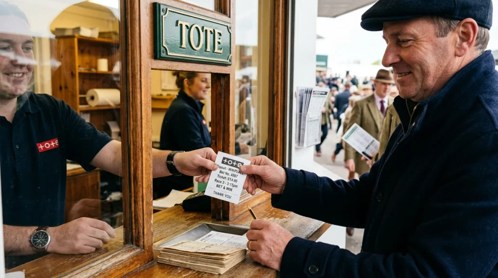 Tote betting window at a UK racecourse with a punter collecting a winning payout ticket