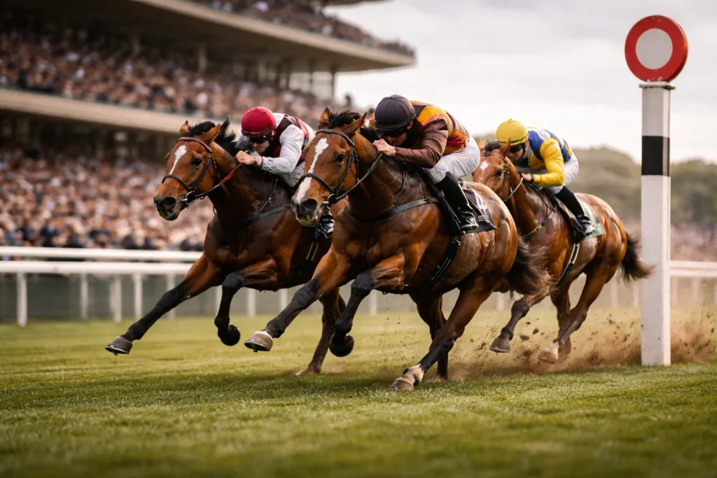 Three racehorses in tight formation approaching the finishing post at a British racecourse