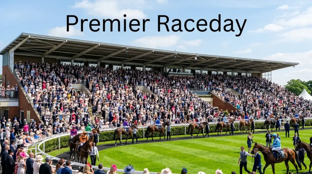Packed grandstand at a Premier UK racecourse on a sunny raceday with horses parading in the paddock