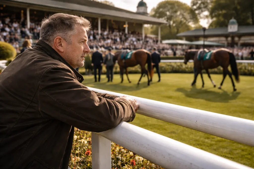 Punter at the trackside rail watching horses in the parade ring moments before the off at a UK racecourse