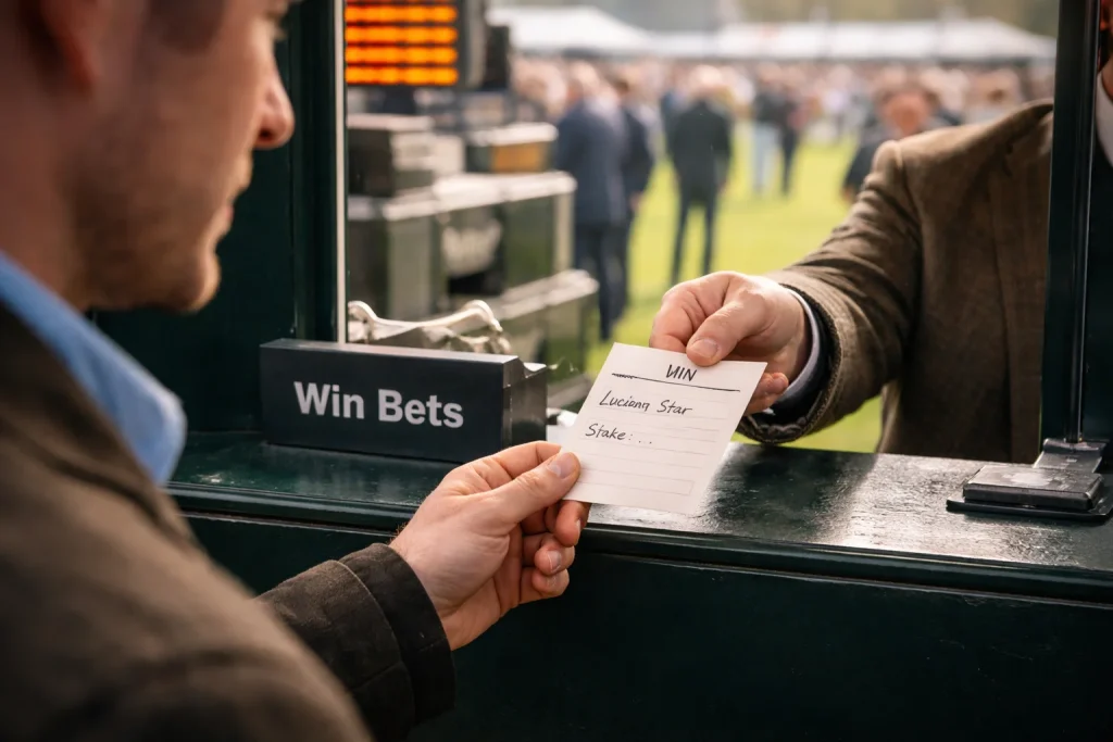 Punter placing a win bet at a UK bookmaker counter on race day