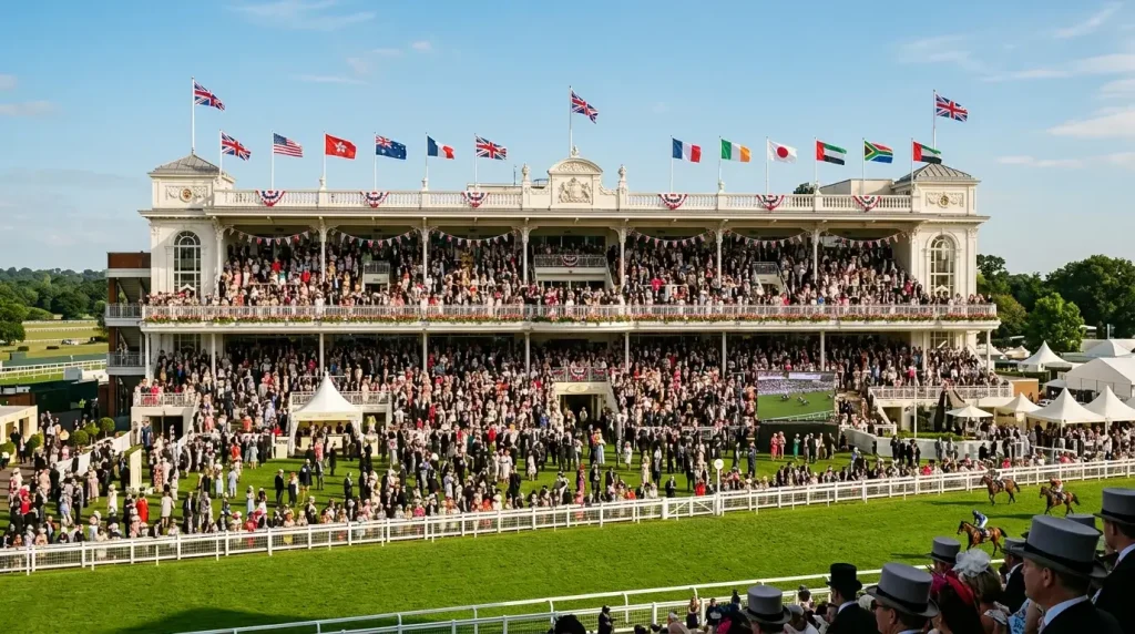 Packed grandstand at Royal Ascot with international flags displayed, representing global betting pools